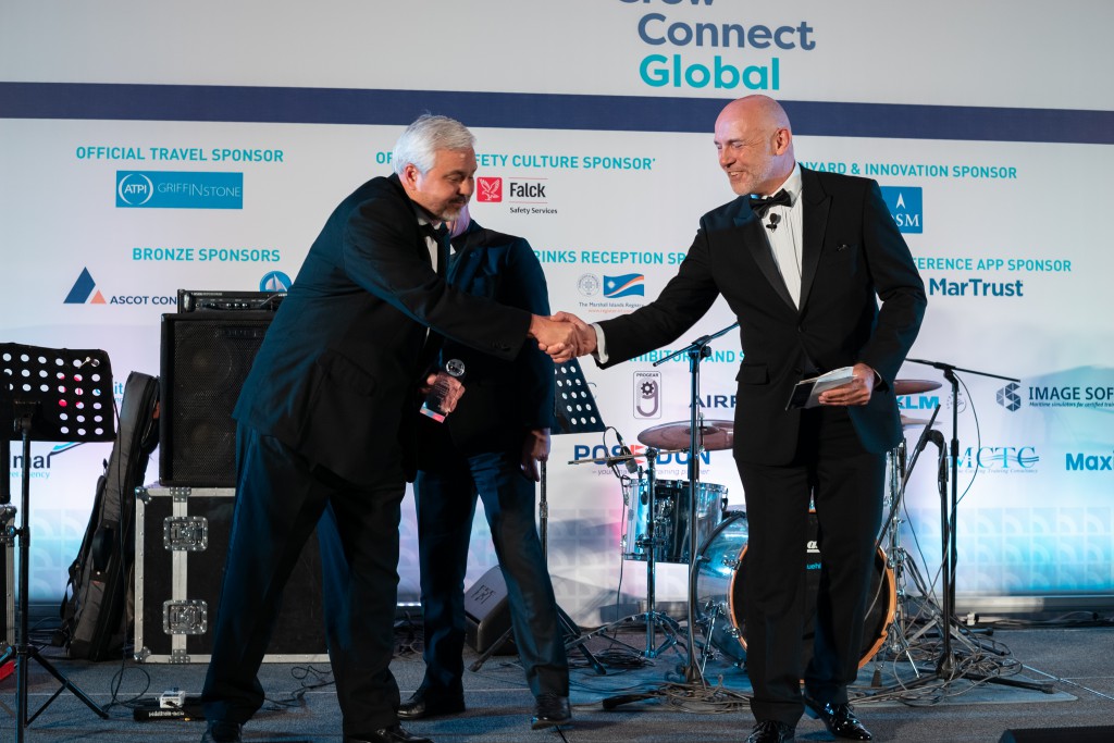 Gerardo Borromeo, PTC, accepts the Welfare & CSR Award from Stephen Miller, Mission to Seafarers, &  Mike Powell, Cardinal Point Maritime