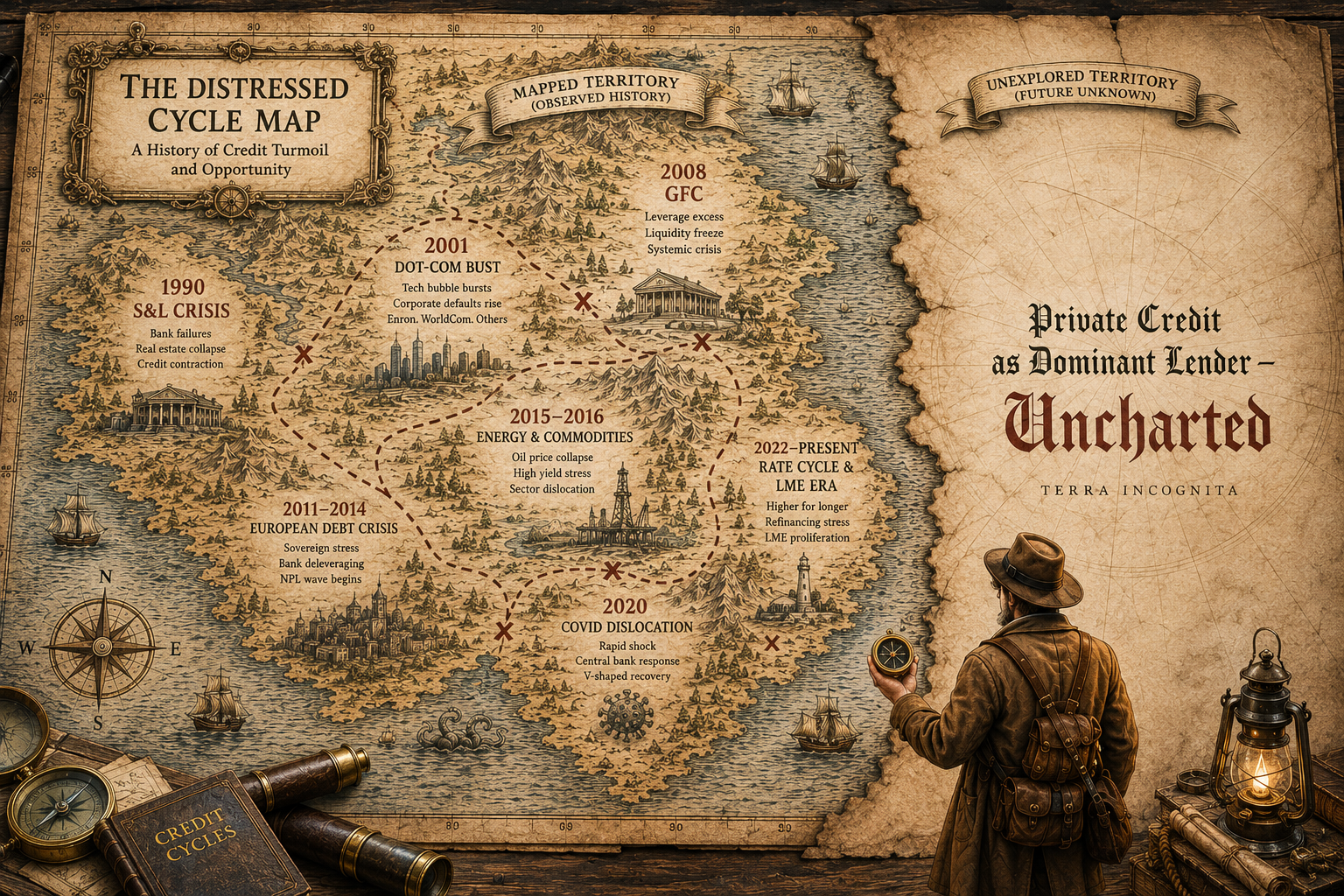 Illustrated map of past distressed credit cycles leading into uncharted private credit territory.